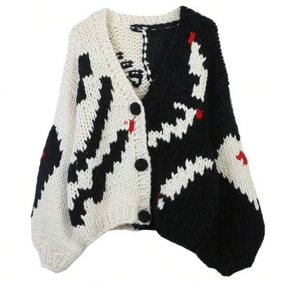 女款 V 领撞色宽松针织开衫，秋冬款