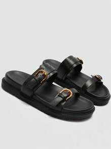 Fashion Flat Sandals Women Black Buckle Round Toe Thick Sole Casual Slippers