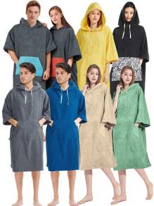 1pc Solid Color Super Absorbent Microfiber Bath Towel Cape, Quick Drying, Warm Hooded Beach Towel For Adults Men Women, Indoor Outdoor Use Summer Wedding Home Bathroom Decor Beach Wear Back To School