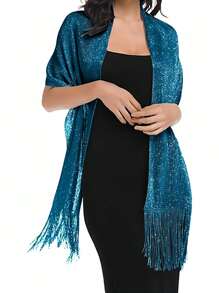 1pc Shiny Silver Metallic Flat Wrap Scarf With Clasp, Suitable For Bridal, Ball, Prom Evening Dress, Graduation - Teal - View 4