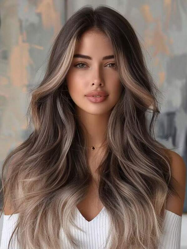 الباروكات المائلة اللون البني للنساء متعددة الألوان جزء متوسط طويلة مجعدة صناعية للحفلات اليومية مقاومة للحرارة