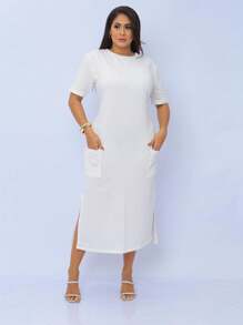 Midi Sweatshirt Dress With Front Pockets - Stylish And Modern | Fashion 2024 - 白色 - 查看 4