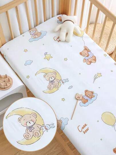 1pc 130*70cm Cartoon Printed Fitted Crib Sheet, Breathable And Moisture-Wicking, 4-Season Use, Mattress Pad Cover