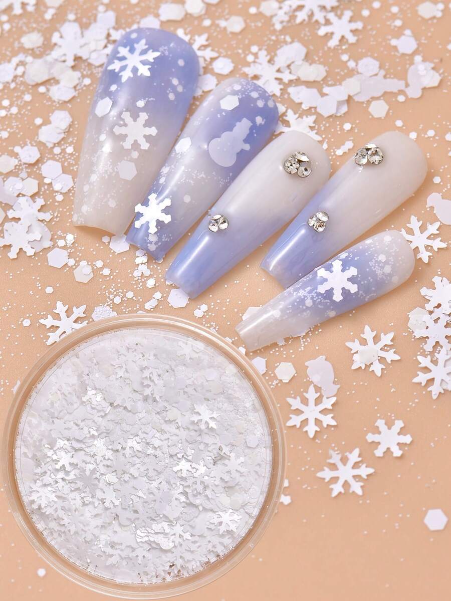1 盒白色雪花闪光，彩色不对称亮片，混合 DIY 美甲用品，适合秋冬季、圣诞节 - 白色 - 查看 1