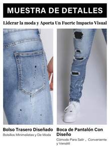 Logeqi® Hombres Jeans azules desgastados duraderos para hombre con parche de diamante - Azul - Ver 6