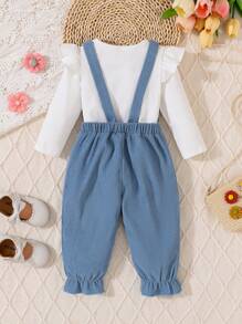 Baby Girl Ribbed Long Sleeve Shirt And Bib Pants Set, White, Fall/Winter - Multicolor - View 2