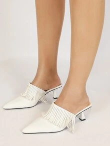 时尚尖头穆勒高跟鞋，女式白色流苏装饰一脚蹬高跟鞋，适合春秋派对，百搭时尚 - 白色 - 查看 2