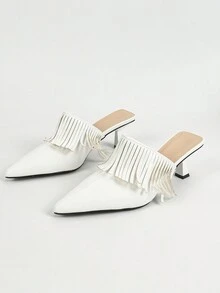 时尚尖头穆勒高跟鞋，女式白色流苏装饰一脚蹬高跟鞋，适合春秋派对，百搭时尚 - 白色 - 查看 7