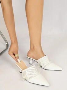 时尚尖头穆勒高跟鞋，女式白色流苏装饰一脚蹬高跟鞋，适合春秋派对，百搭时尚 - 白色 - 查看 1