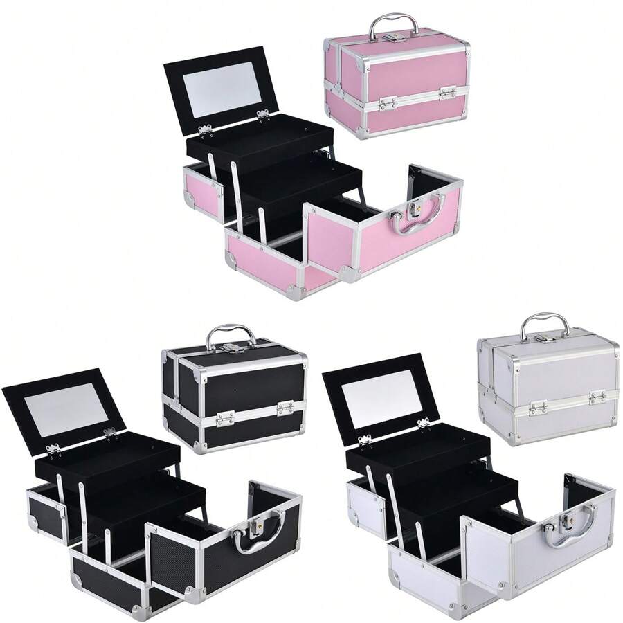 1pc Makeup Train Case, Cosmetic Jewelry Box, Portable Makeup Case With Lock, Makeup Storage With Mirror, Cosmetologist Aesthetic Supplies Nail Tech Traveling Makeup Box, Makeup Organizer