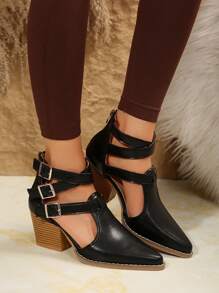 Decolleté con tacco alto da donna, tacchi chunky eleganti novità autunno inverno, cinturino incrociato, punta affusolata, chiusura con cerniera, disponibili nei colori marrone, nero, viola, blu