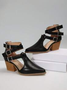 Decolleté con tacco alto da donna, tacchi chunky eleganti novità autunno inverno, cinturino incrociato, punta affusolata, chiusura con cerniera, disponibili nei colori marrone, nero, viola, blu