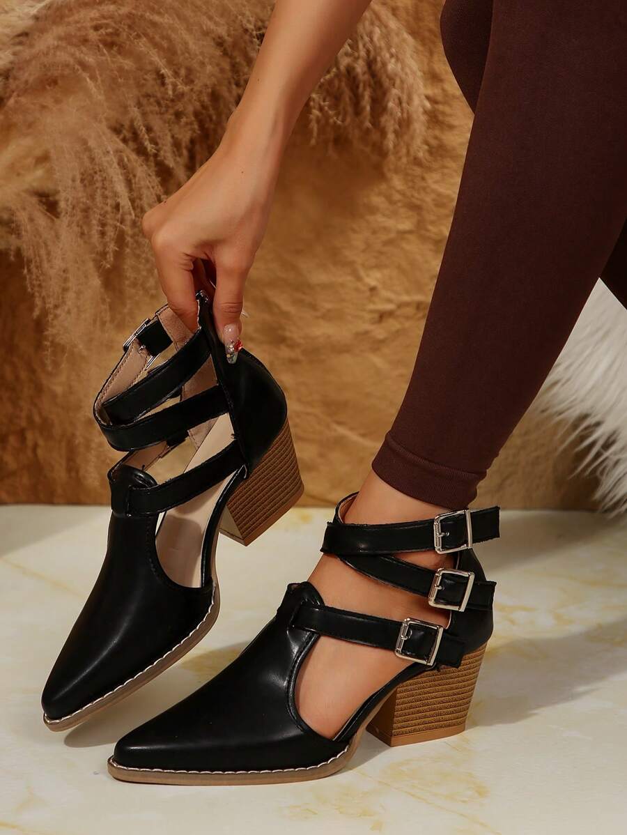 Decolleté con tacco alto da donna, tacchi chunky eleganti novità autunno inverno, cinturino incrociato, punta affusolata, chiusura con cerniera, disponibili nei colori marrone, nero, viola, blu