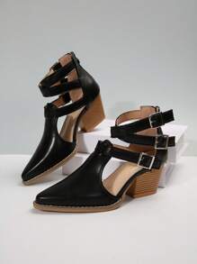 Decolleté con tacco alto da donna, tacchi chunky eleganti novità autunno inverno, cinturino incrociato, punta affusolata, chiusura con cerniera, disponibili nei colori marrone, nero, viola, blu