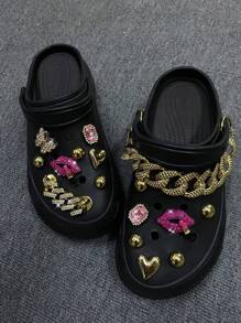 16pcs Detachable Metal Rhinestone Lip & Lipstick, ABS Flower Shoe Charms Decoration Clips, For Clogs, Sandals, Suitable For Shoes Accessories
