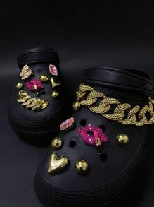 16pcs Detachable Metal Rhinestone Lip & Lipstick, ABS Flower Shoe Charms Decoration Clips, For Clogs, Sandals, Suitable For Shoes Accessories