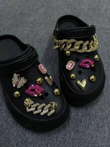 16pcs Detachable Metal Rhinestone Lip & Lipstick, ABS Flower Shoe Charms Decoration Clips, For Clogs, Sandals, Suitable For Shoes Accessories