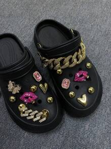 16pcs Detachable Metal Rhinestone Lip & Lipstick, ABS Flower Shoe Charms Decoration Clips, For Clogs, Sandals, Suitable For Shoes Accessories