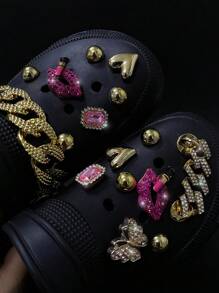 16pcs Detachable Metal Rhinestone Lip & Lipstick, ABS Flower Shoe Charms Decoration Clips, For Clogs, Sandals, Suitable For Shoes Accessories