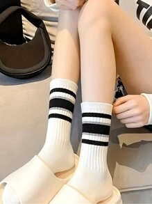 5 paires Chaussettes tubes moyennes polyvalentes à motif rayé pour sport, chaussettes confortables et respirantes all-match, chaussettes et collants blocs de couleurs pour femmes