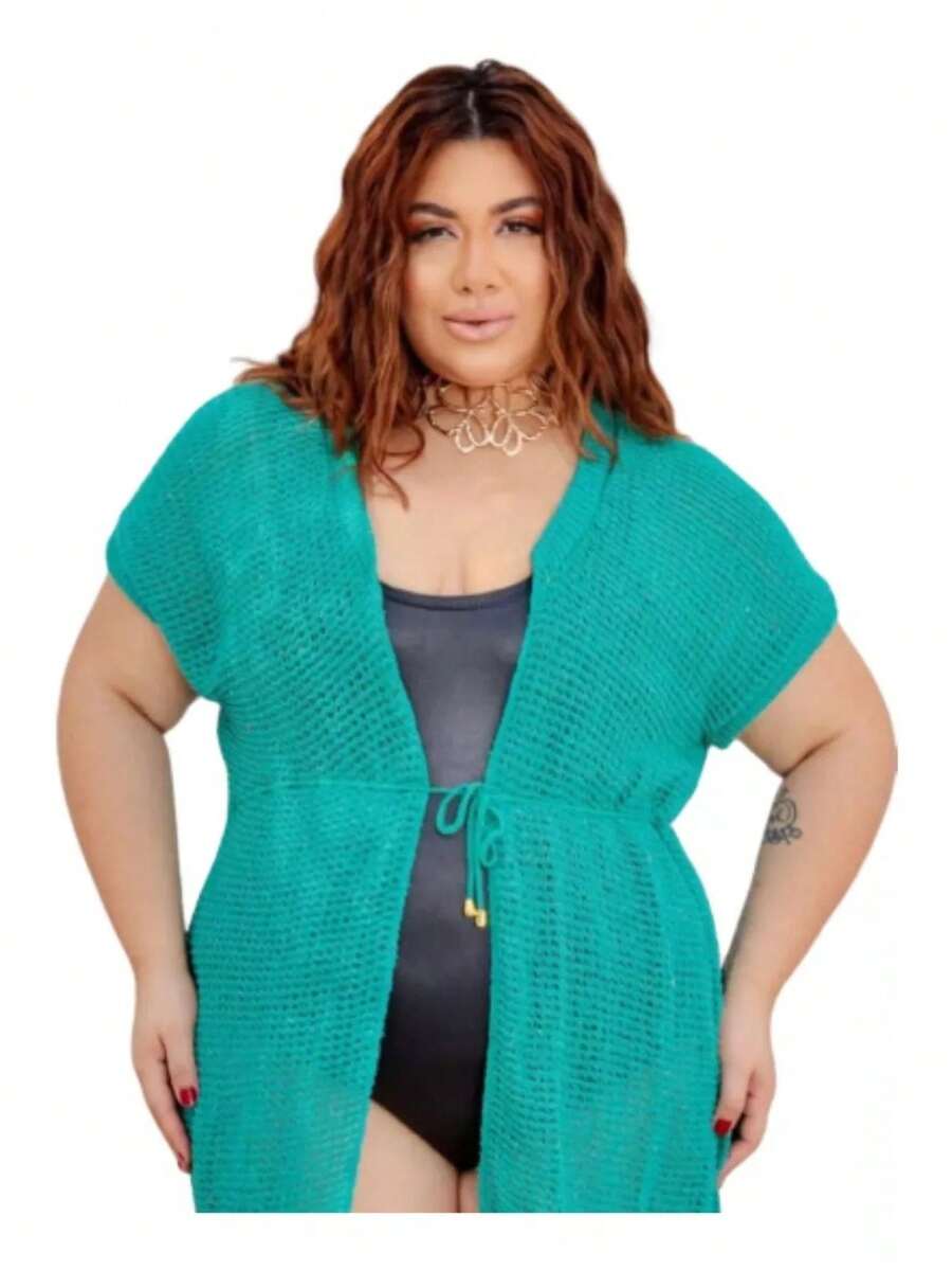 Plus Size Beach Vest Open Knit Skirt Summer 46 To 52 - Màu xanh Bạc hà - Xem 1