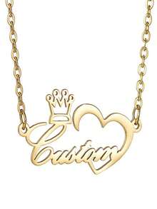 1 件定制名字空心皇冠心形吊坠项链女士女孩不锈钢个性化英文字母名字项链珠宝礼物 - 金黃色 - 查看 5