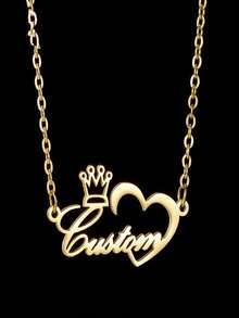 1 件定制名字空心皇冠心形吊坠项链女士女孩不锈钢个性化英文字母名字项链珠宝礼物 - 金黃色 - 查看 3