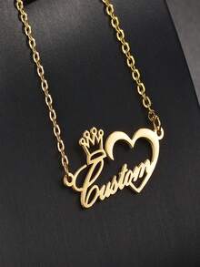 1 件定制名字空心皇冠心形吊坠项链女士女孩不锈钢个性化英文字母名字项链珠宝礼物 - 金黃色 - 查看 4