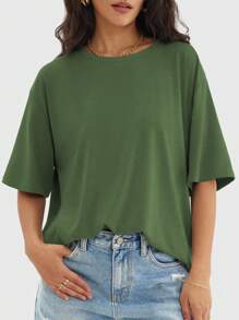 Speed mate 女士宽松圆领短袖T恤，休闲衬衫，Y2K 2024基础款T恤，夏季 - 墨綠色 - 查看 4