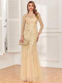 Đầm dạ hội dáng đuôi cá bằng vải lưới thêu sequin phối màu tương phản thanh lịch dành cho nữ, đầm dạ hội màu vàng, đầm dự tiệc cưới, trang phục dự tiệc trang trọng ngày lễ. - Vàng - Xem 8