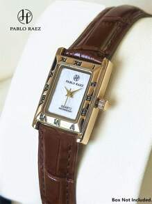 Pablo Raez 1 pieza Reloj dorado vintage de mujer Vestido Reloj SUS304 Caja cuadrada de acero inoxidable chapado en oro Diseño elegante y nuevo Cuarzo retro Esfera de nácar blanco de alta calidad Cómoda correa de piel de microfibra negra Resistente al agua 50M Reloj casual ideal para adolescentes y chicas Bonito regalo para amigos o familia Apto para uso diario, trabajo y fiestas