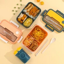 1pc Plastic Compartment Bento Lunch Box, Microwavable, Portable Adult Student Lunch Container With Utensils, 1100ml - Multicolor - View 7