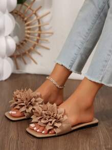 European And American Style Fall Women's Comfortable Simple Strap Slip-On Floral Square Toe Flat Sandals Casual Beach Summer Shoes - 杏色 - 查看 5