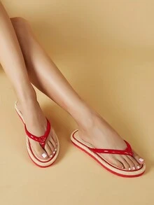 女士新款红色漆皮 V 型带人字拖，休闲度假平底柔软舒适女士凉鞋 - 紅色 - 查看 2