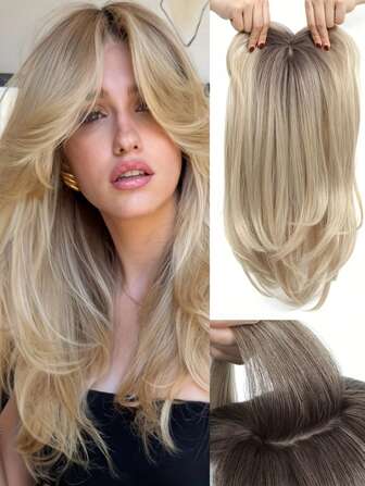 18 英寸长分层顶部 - 自然渐变金色，深色发根 - 合成假发片为稀疏的头发增添瞬间体积 - 时尚女士假发片易于日常佩戴和打理