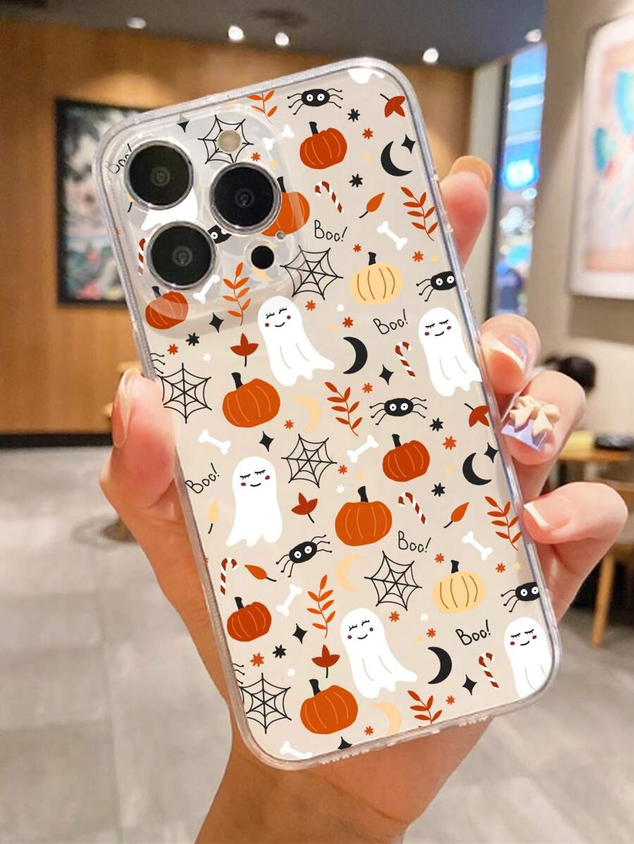 1 Stück Halloween Kürbis, Spinnennetz & Geist kreative stoßfeste rutschfeste transparente Handyhülle kompatibel mit iPhone, kompatibel mit Honor, kompatibel mit Redmi, kompatibel mit Samsung Galaxy, kompatibel mit Pixel, internationale Version, nicht die Inlandsversion - Transparent - Übersicht 1