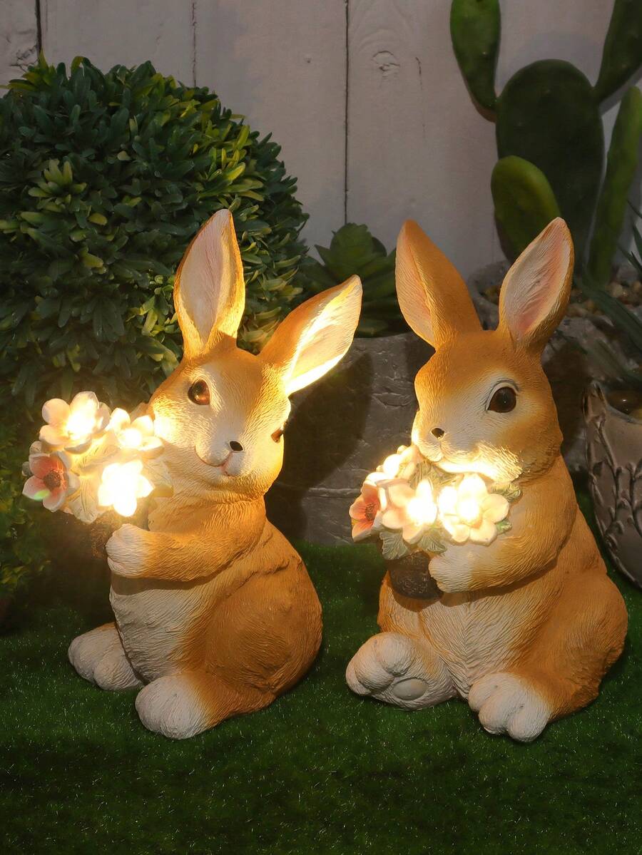 1pc Outdoor Garden Ornaments Solar Powered Resin Craft Rabbit Holding Flower Decoration For Garden - Burnt Orange - View 1