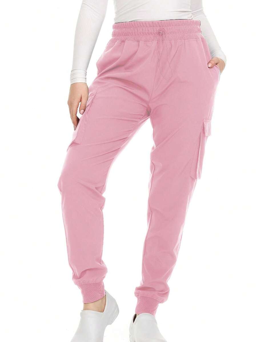 Women's Cargo Scrub Jogger Pants – 4-Way Stretch, Elastic Waist, Multiple Utility Pockets, Wrinkle-Resistant, Workwear For Nurses & Healthcare Professionals - LIGHT PINK - View 1