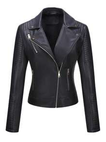 Giolshon 大码女式街头风仿皮摩托车夹克 - 短款PU夹克，带衬里和口袋，休闲时尚都市风黑色优雅款 - 黑色 - 查看 4