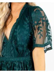 MERMAID'S CLOSET Women's Casual V-Neck Lace Long Bohemian Bridesmaid Wedding Evening Gowns Split, Full Floral Lace, High Waist, Hollow Out Simple And Generous Dark Green