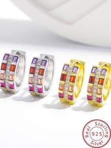 1pair Cubic Zirconia Crystal 925 Sterling Silver Stud Earrings, 18K Gold Plated - one-size - View 2