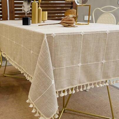 1pc Square Tassel Tablecloth In Coffee Color, Rustic Linen Dust-Proof Wrinkle-Resistant Fade-Resistant Tablecloth For Kitchen Dinner, Dining Room Decor, Holiday Party Dinner Textile Table Cover
