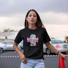 Basic Women's T-Shirt, T-Shirt, Casual, 100% Cotton, Premium, Dog Print, High Definition - 黑色 - 查看 2