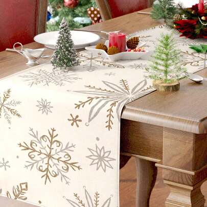 1 件圣诞亚麻桌旗桌布桌布，金色银色雪花图案圣诞快乐桌旗，圣诞节氛围装饰用品，节日桌面装饰，圣诞派对装饰，家居装饰，桌面装饰，圣诞装饰，圣诞饰品，圣诞节