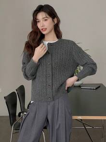 Basic Knitted Cardigan Sweater For Women, Autumn/Winter - Dark Grey - View 5