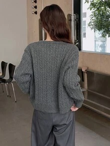 Basic Knitted Cardigan Sweater For Women, Autumn/Winter - Dark Grey - View 4