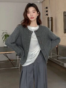 Basic Knitted Cardigan Sweater For Women, Autumn/Winter - Dark Grey - View 3