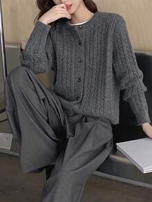 Basic Knitted Cardigan Sweater For Women, Autumn/Winter - Dark Grey - View 1