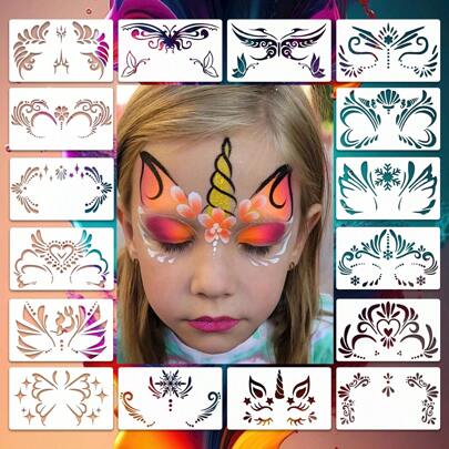 16 件可重复使用、可清洗且灵活的脸部彩绘模板 - 独角兽、仙女、万圣节、花卉图案，适用于舞台、派对、化装舞会化妆