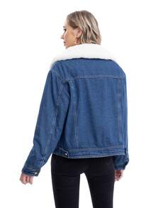 Chamarra de mezclilla con botones de solapa con peluche de manga larga - Azul lavado oscuro - Ver 3